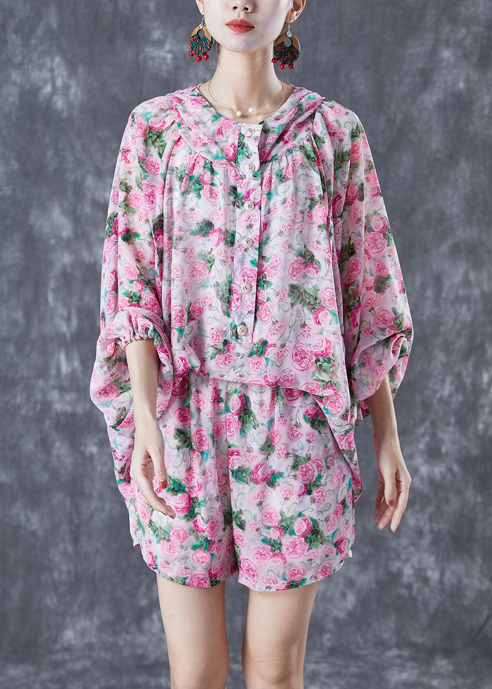 Pink Print Chiffon Two Pieces Set Hooded Oversized Lantern Sleeve LY5609 - fabuloryshop