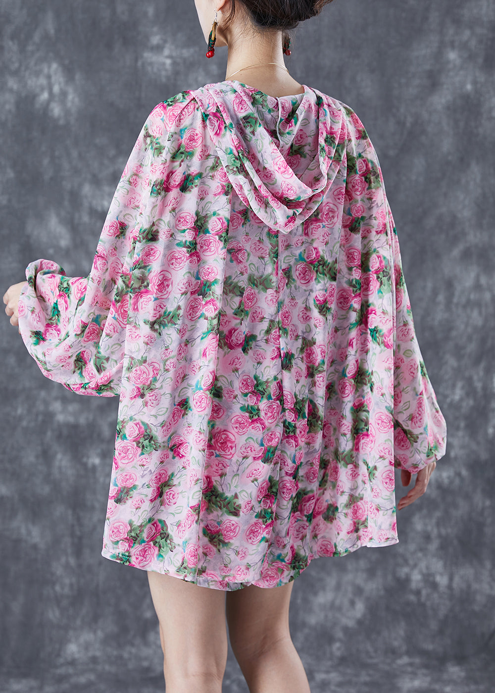 Pink Print Chiffon Two Pieces Set Hooded Oversized Lantern Sleeve LY5609 - fabuloryshop