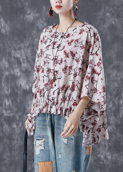 Pink Print Cotton Blouse Top Wrinkled Low High Design Summer LY5037 - fabuloryshop