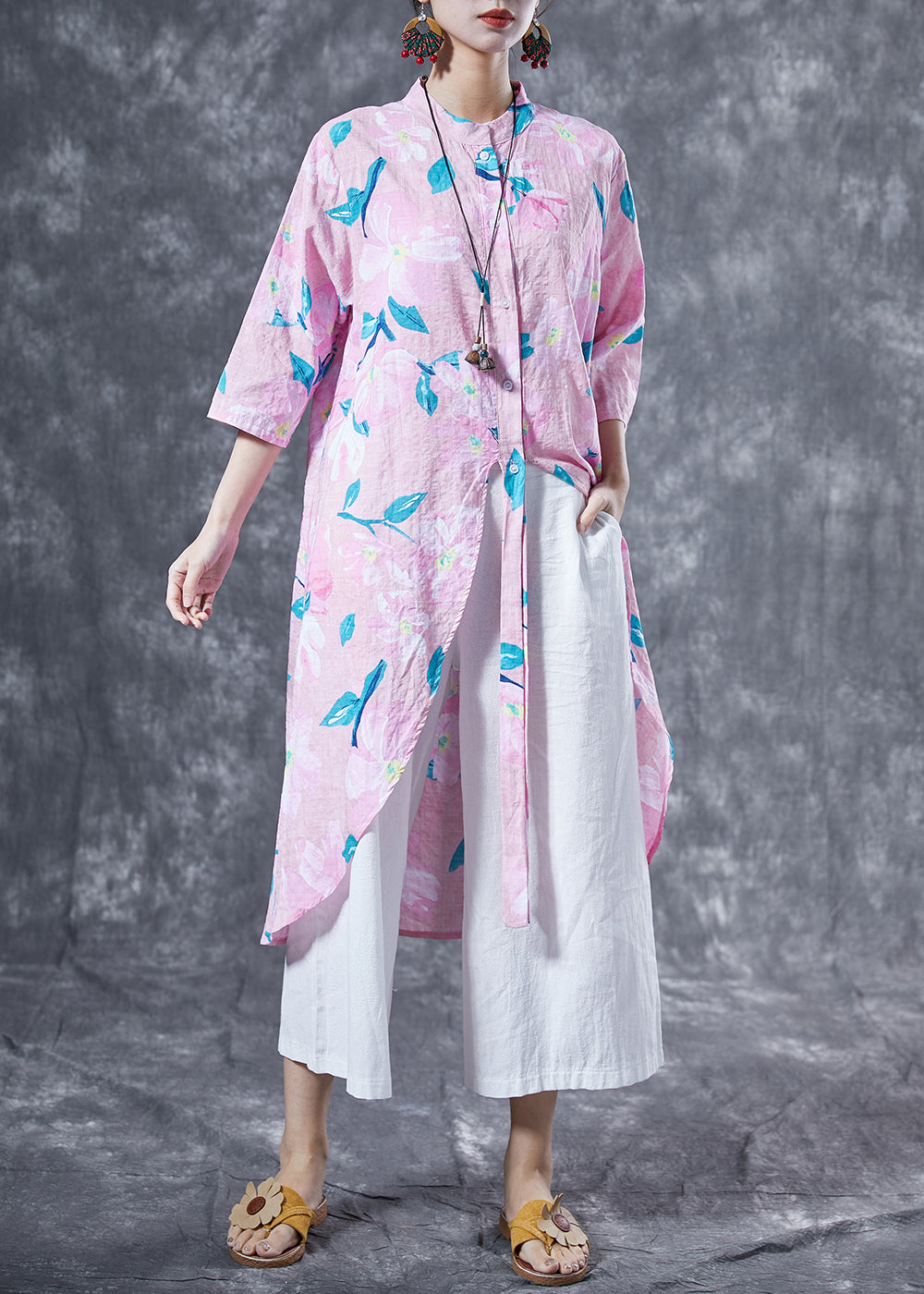 Pink Print Cotton Long Shirt Oversized Low High Design Summer LY4112 - fabuloryshop