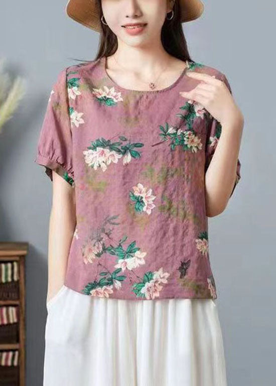 Pink Print Patchwork Cotton T Shirt Top O Neck Wrinkled Summer TP1012 - fabuloryshop