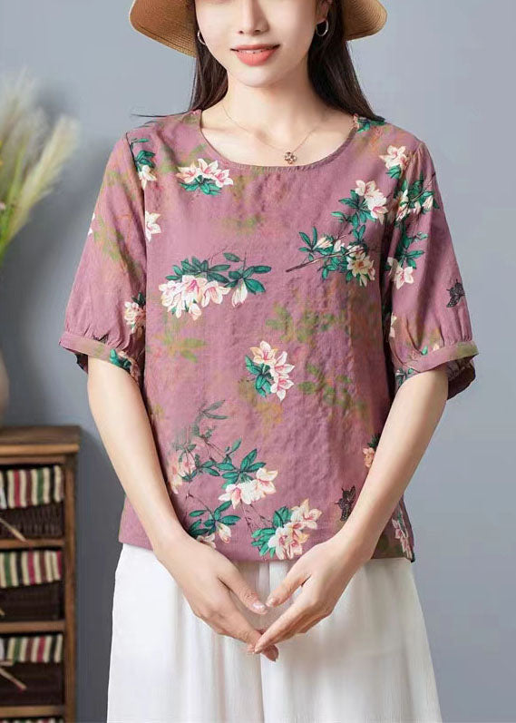 Pink Print Patchwork Cotton T Shirt Top O Neck Wrinkled Summer TP1012 - fabuloryshop