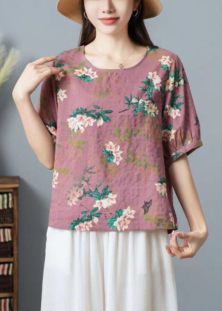 Pink Print Patchwork Cotton T Shirt Top O Neck Wrinkled Summer TP1012 - fabuloryshop