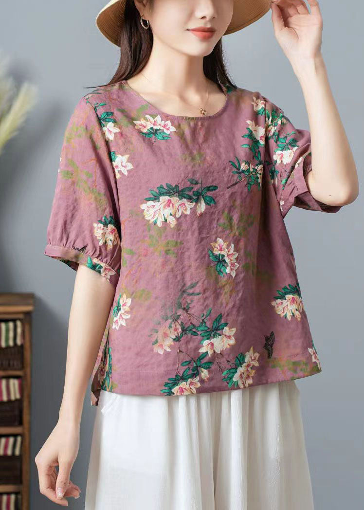 Pink Print Patchwork Cotton T Shirt Top O Neck Wrinkled Summer TP1012 - fabuloryshop