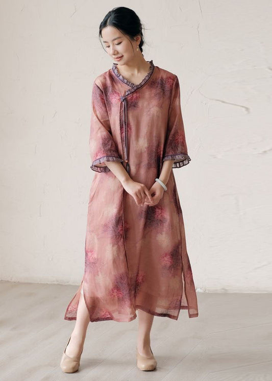 Pink Print Patchwork Linen Dresses Ruffled Side Open Summer LY2524 - fabuloryshop