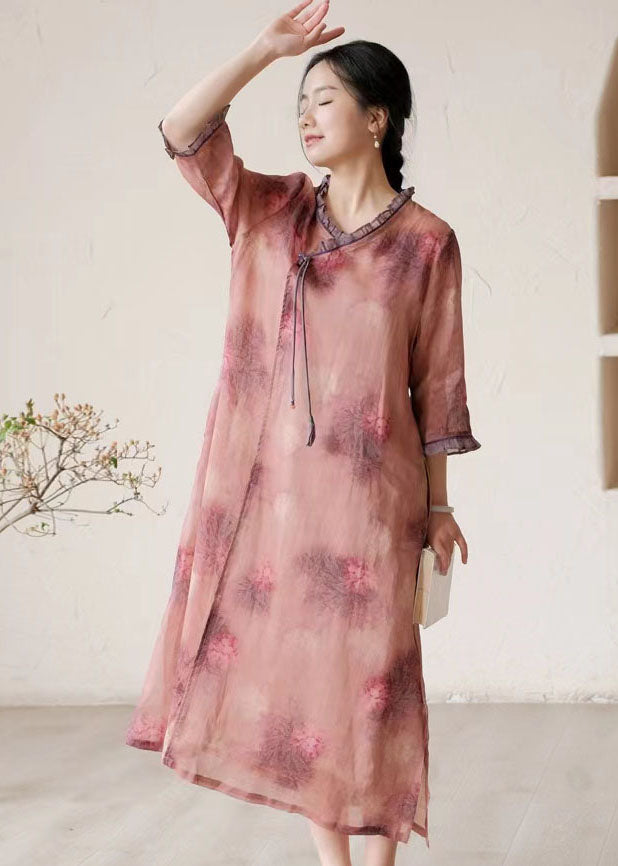 Pink Print Patchwork Linen Dresses Ruffled Side Open Summer LY2524 - fabuloryshop