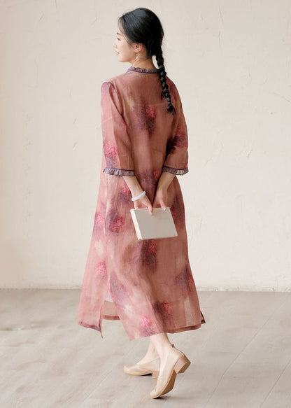 Pink Print Patchwork Linen Dresses Ruffled Side Open Summer LY2524 - fabuloryshop