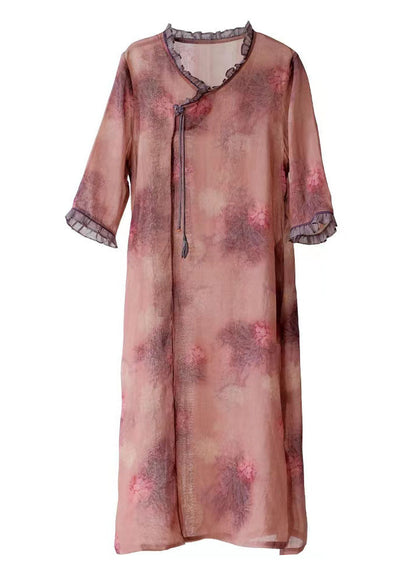 Pink Print Patchwork Linen Dresses Ruffled Side Open Summer LY2524 - fabuloryshop