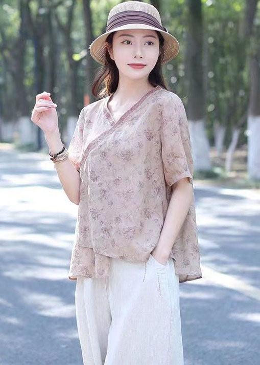 Pink Print Patchwork Linen Shirt Top V Neck Lace Up Summer LY2523 - fabuloryshop