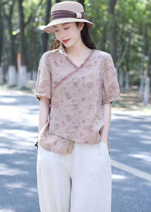 Pink Print Patchwork Linen Shirt Top V Neck Lace Up Summer LY2523 - fabuloryshop