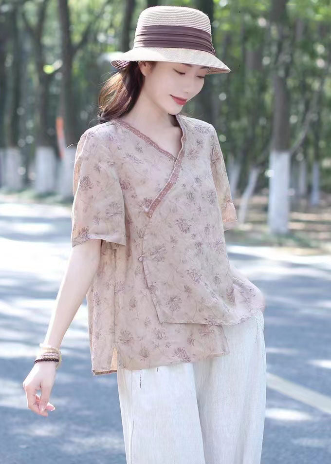 Pink Print Patchwork Linen Shirt Top V Neck Lace Up Summer LY2523