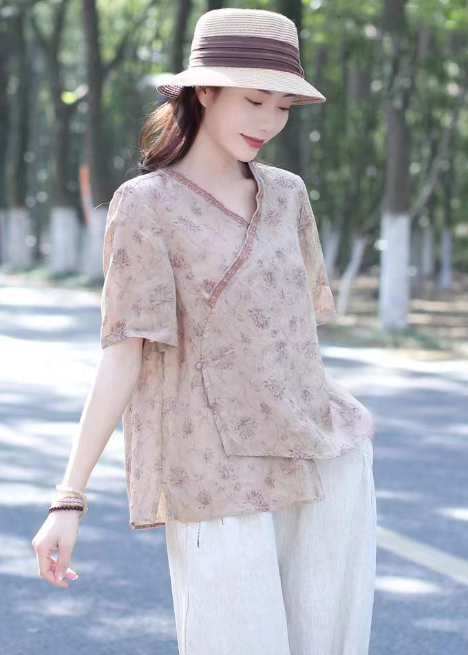 Pink Print Patchwork Linen Shirt Top V Neck Lace Up Summer LY2523 - fabuloryshop