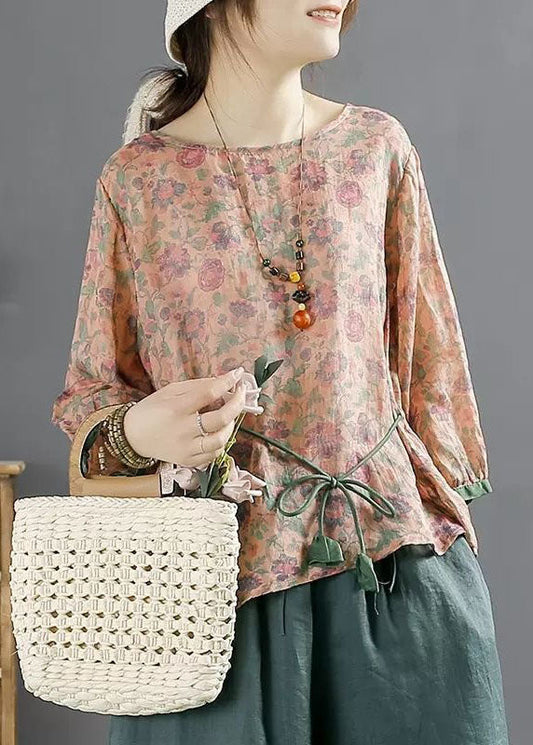 Pink Print Patchwork Linen Top O Neck Lace Up Summer LY4072 - fabuloryshop