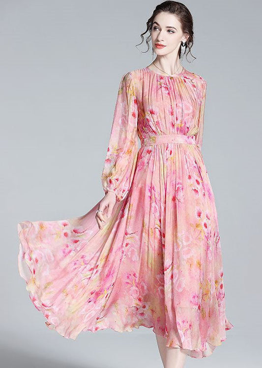 Pink Print Patchwork Silk Dresses O Neck Wrinkled Summer TI1057 - fabuloryshop