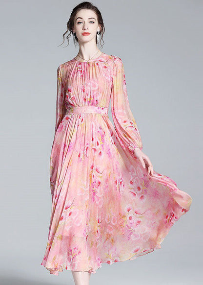 Pink Print Patchwork Silk Dresses O Neck Wrinkled Summer LY4428 - fabuloryshop