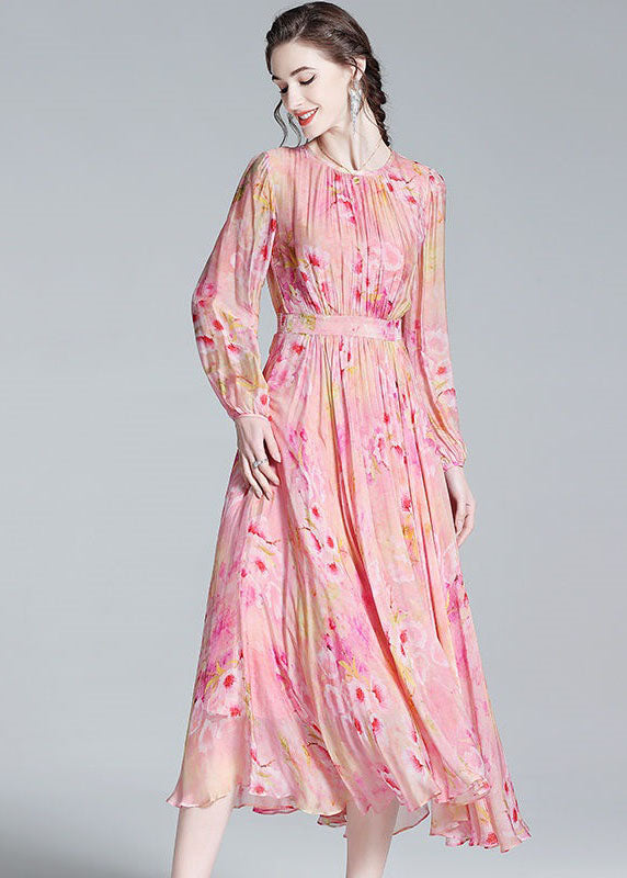 Pink Print Patchwork Silk Dresses O Neck Wrinkled Summer TI1057 - fabuloryshop