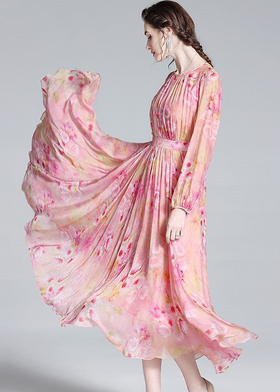 Pink Print Patchwork Silk Dresses O Neck Wrinkled Summer TI1057 - fabuloryshop
