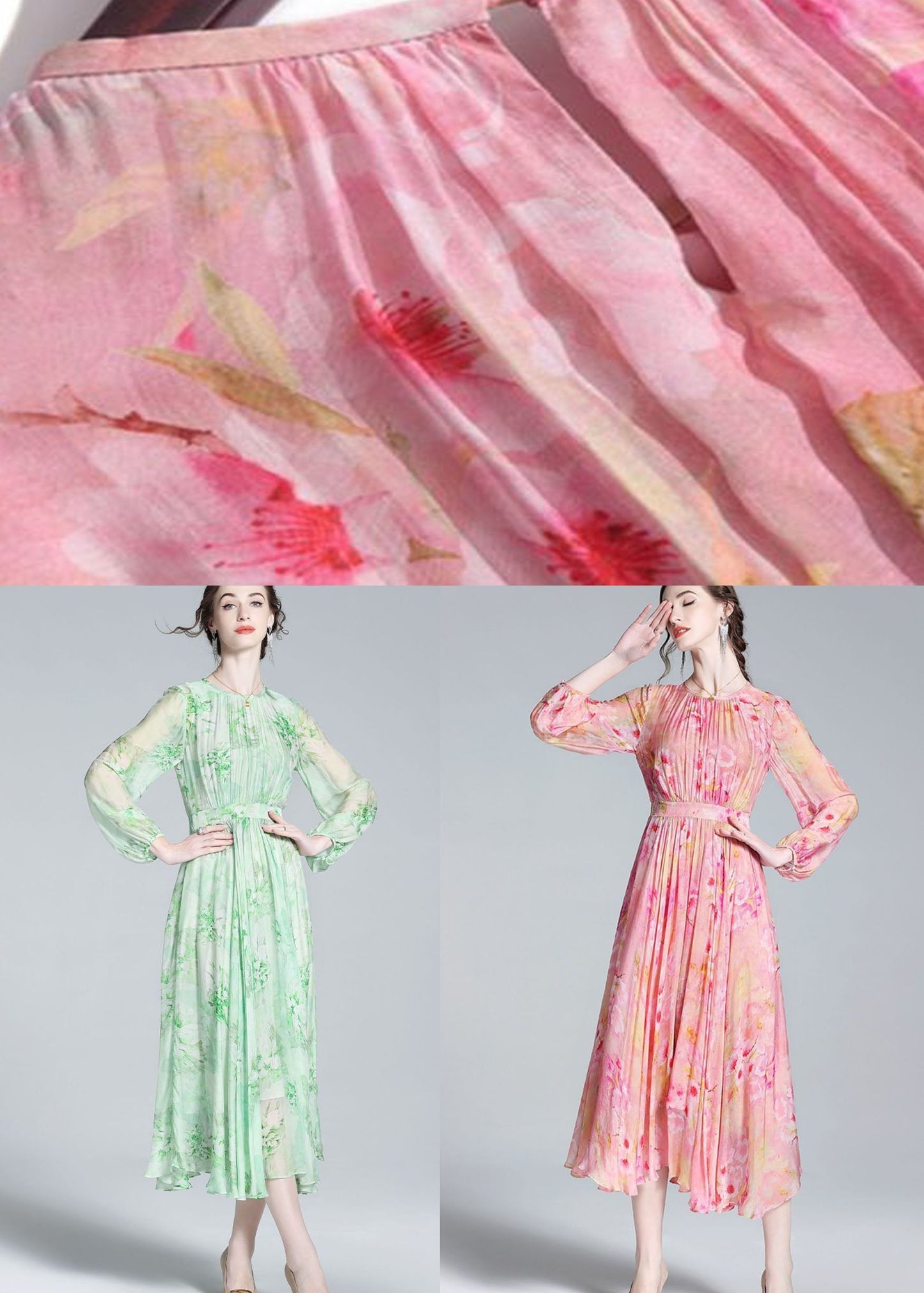 Pink Print Patchwork Silk Dresses O Neck Wrinkled Summer TI1057 - fabuloryshop