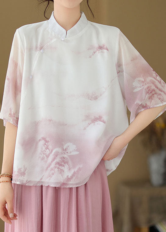 Pink Print Patchwork Silk Shirt Tops Stand Collar Button Summer LY3978 - fabuloryshop