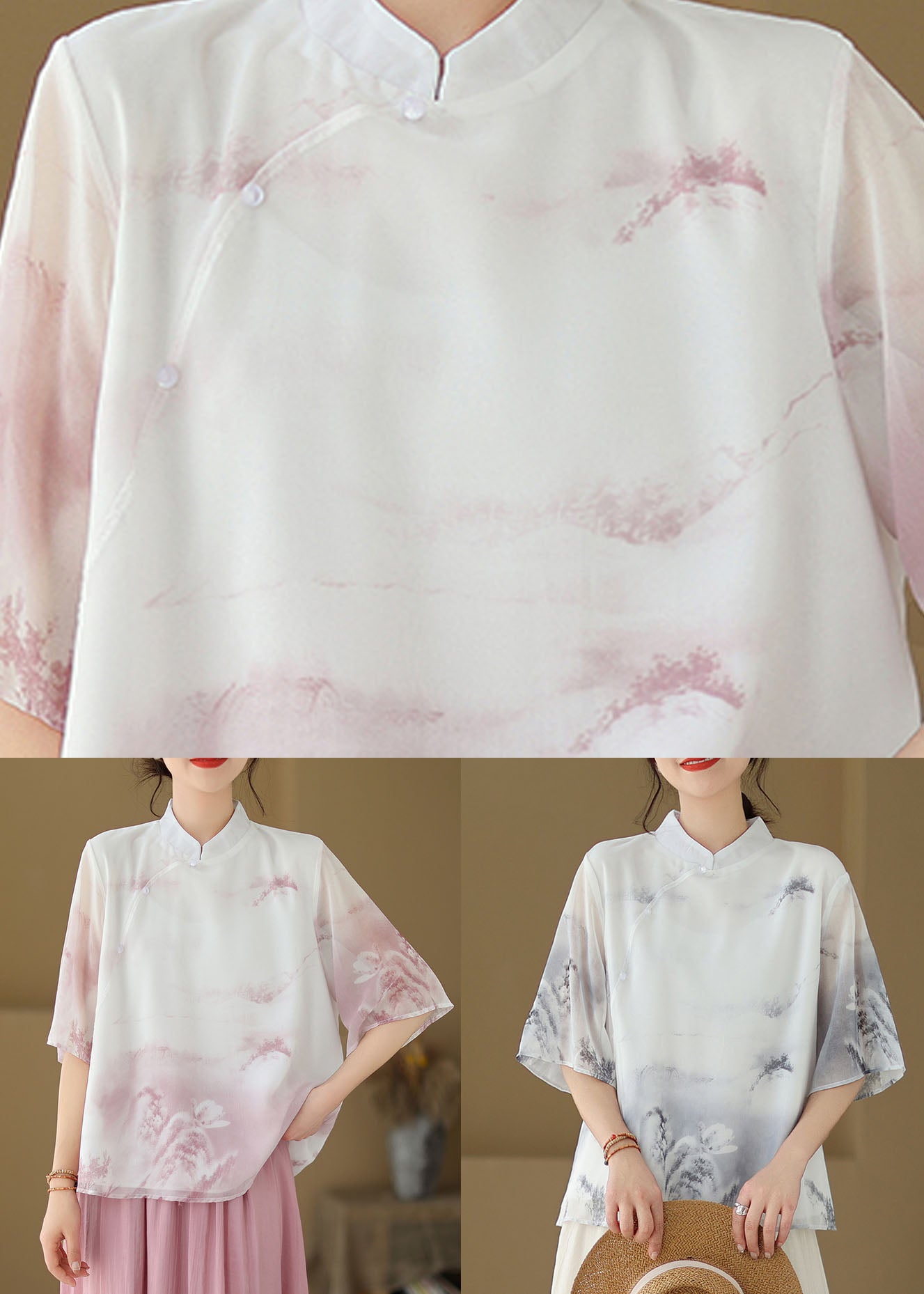 Pink Print Patchwork Silk Shirt Tops Stand Collar Button Summer LY3978 - fabuloryshop