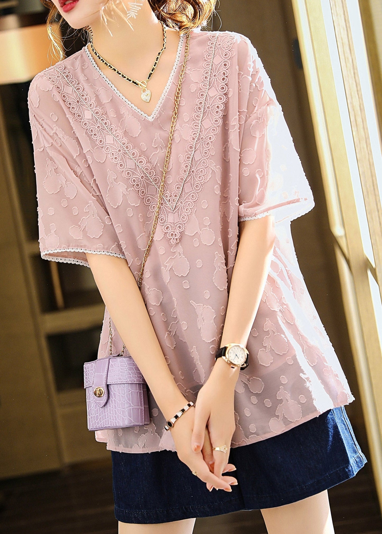 Pink Side Open Chiffon Shirt Short Sleeve LY1514 - fabuloryshop