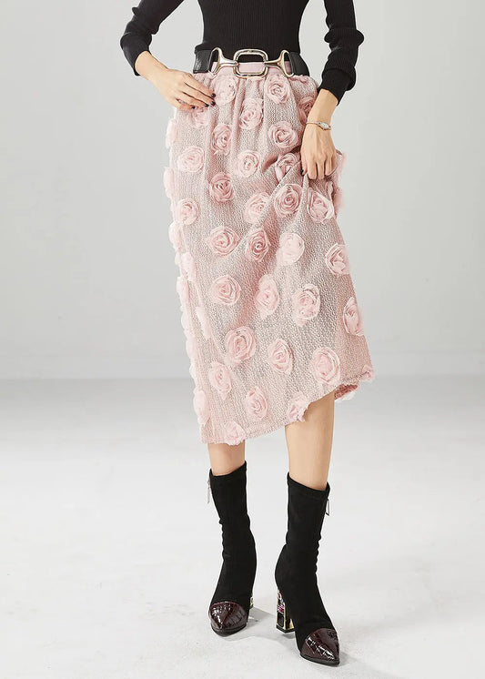 Pink Silm Fit Knit Skirts Three-dimensional Floral Fall Ada Fashion