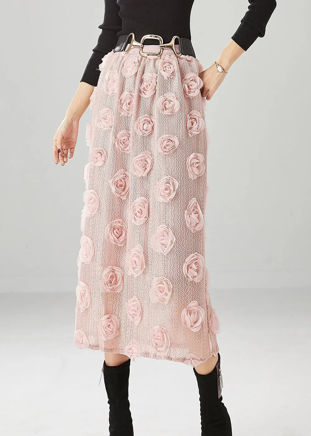 Pink Silm Fit Knit Skirts Three-dimensional Floral Fall Ada Fashion