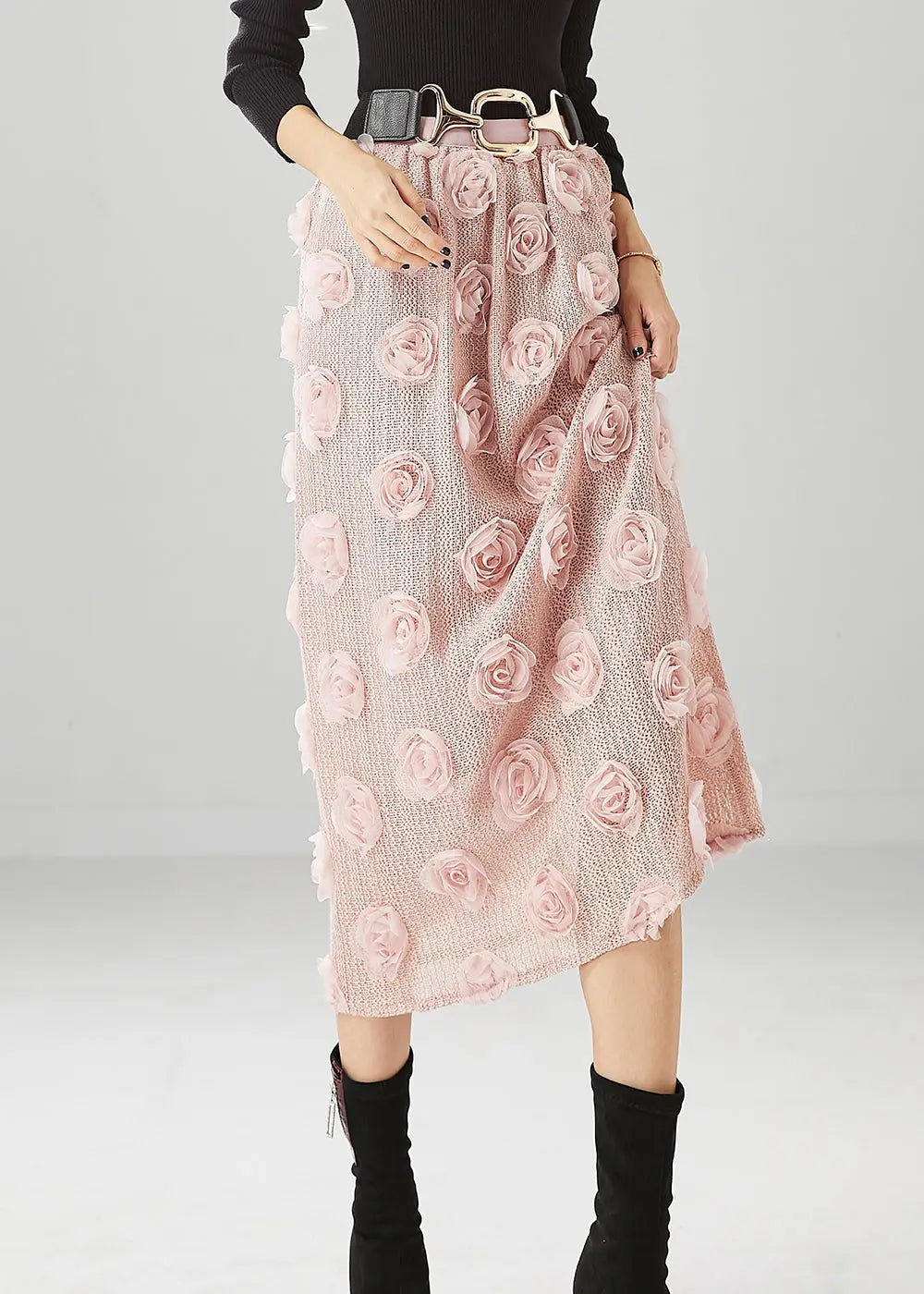 Pink Silm Fit Knit Skirts Three-dimensional Floral Fall Ada Fashion