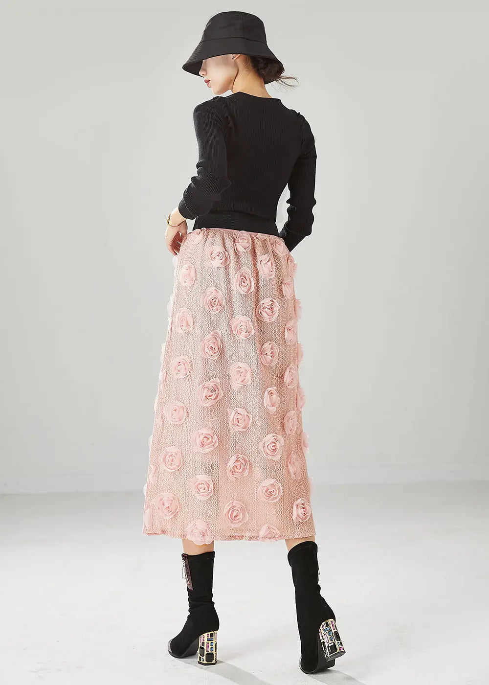 Pink Silm Fit Knit Skirts Three-dimensional Floral Fall Ada Fashion