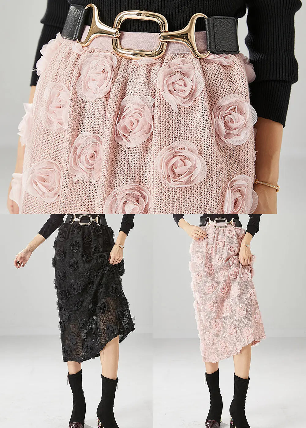 Pink Silm Fit Knit Skirts Three-dimensional Floral Fall Ada Fashion