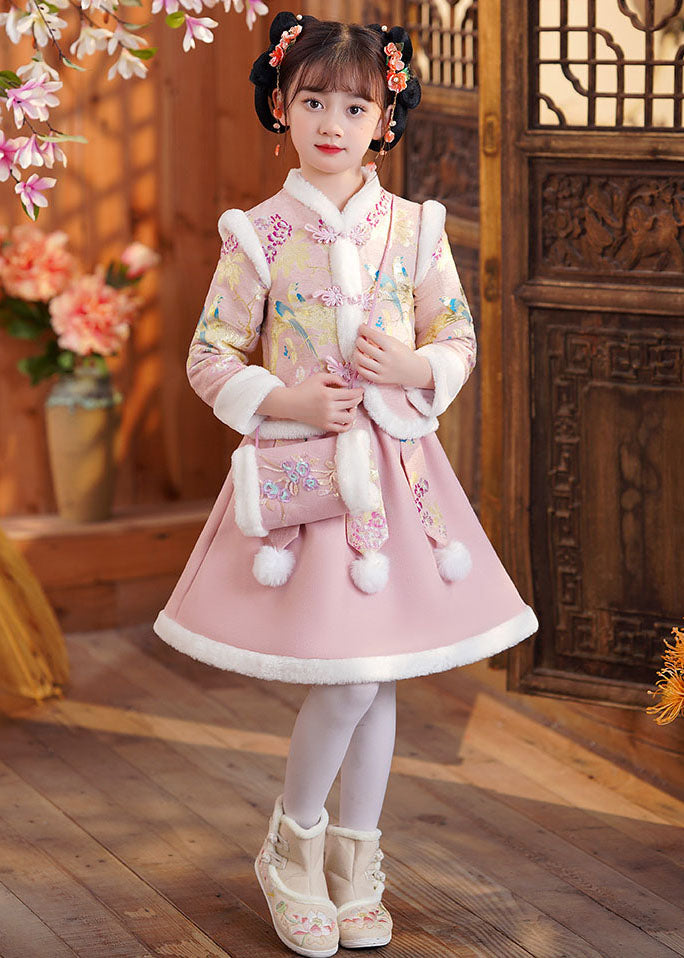 Pink Stand Collar Button Coats And Skirts Two Pieces Set Winter Ada Fashion