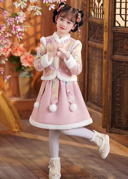 Pink Stand Collar Button Coats And Skirts Two Pieces Set Winter Ada Fashion