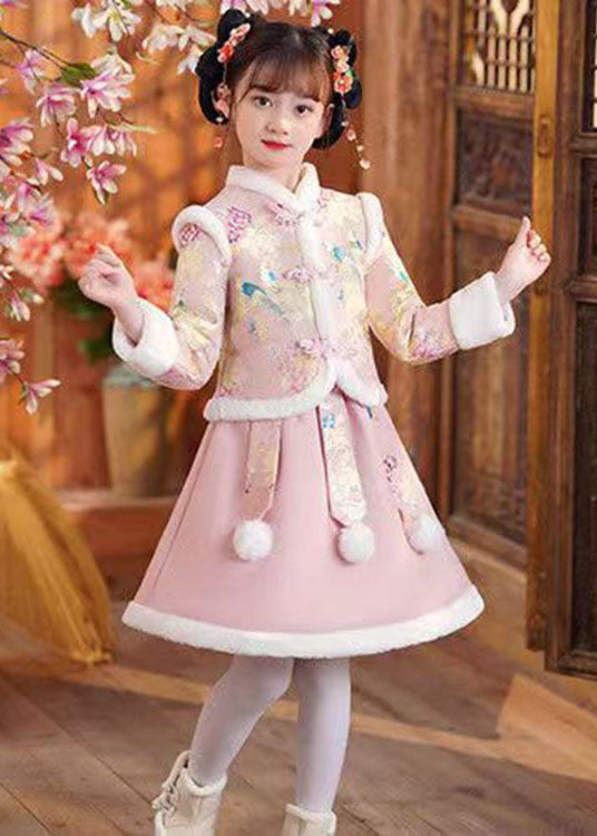 Pink Stand Collar Button Coats And Skirts Two Pieces Set Winter Ada Fashion