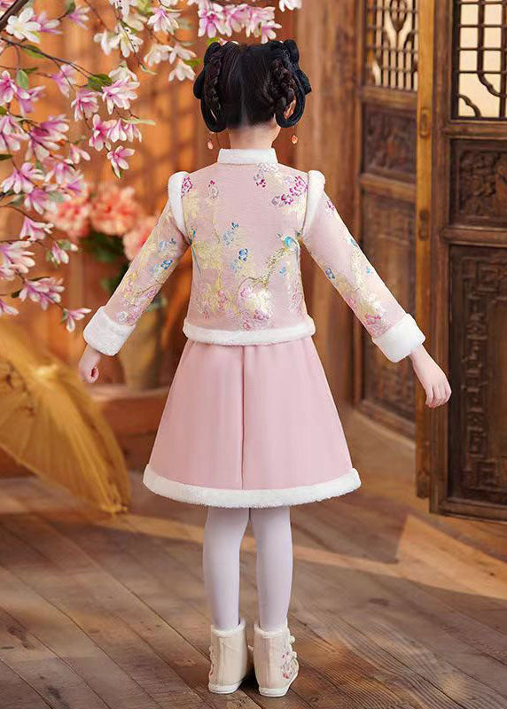 Pink Stand Collar Button Coats And Skirts Two Pieces Set Winter Ada Fashion