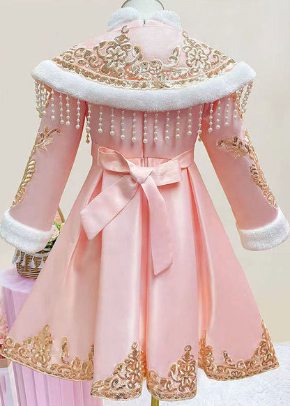 Pink Stand Collar Button Kids Shawl And Dress Two Piece Set Long Sleeve Ada Fashion