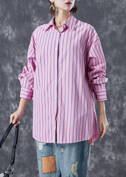 Pink Striped Cotton Shirt Top Oversized Peter Pan Collar Summer Ada Fashion