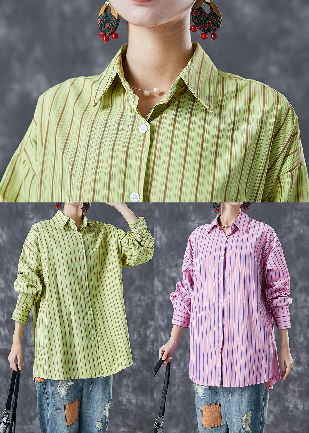 Pink Striped Cotton Shirt Top Oversized Peter Pan Collar Summer Ada Fashion