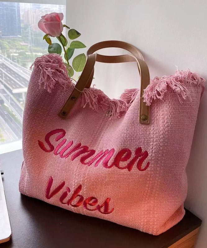 Pink Tassel Patchwork Letter Embroidery Canvas Tote Handbag LY1387 - fabuloryshop