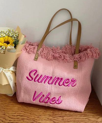 Pink Tassel Patchwork Letter Embroidery Canvas Tote Handbag LY1387 - fabuloryshop