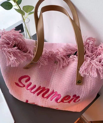 Pink Tassel Patchwork Letter Embroidery Canvas Tote Handbag LY1387 - fabuloryshop