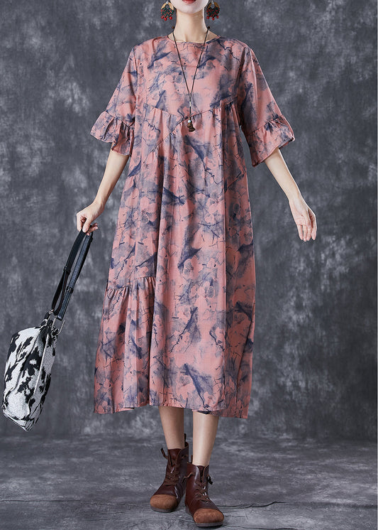 Pink Tie Dye Cotton Holiday Dress Wrinkled Butterfly Sleeve LY7104 - fabuloryshop