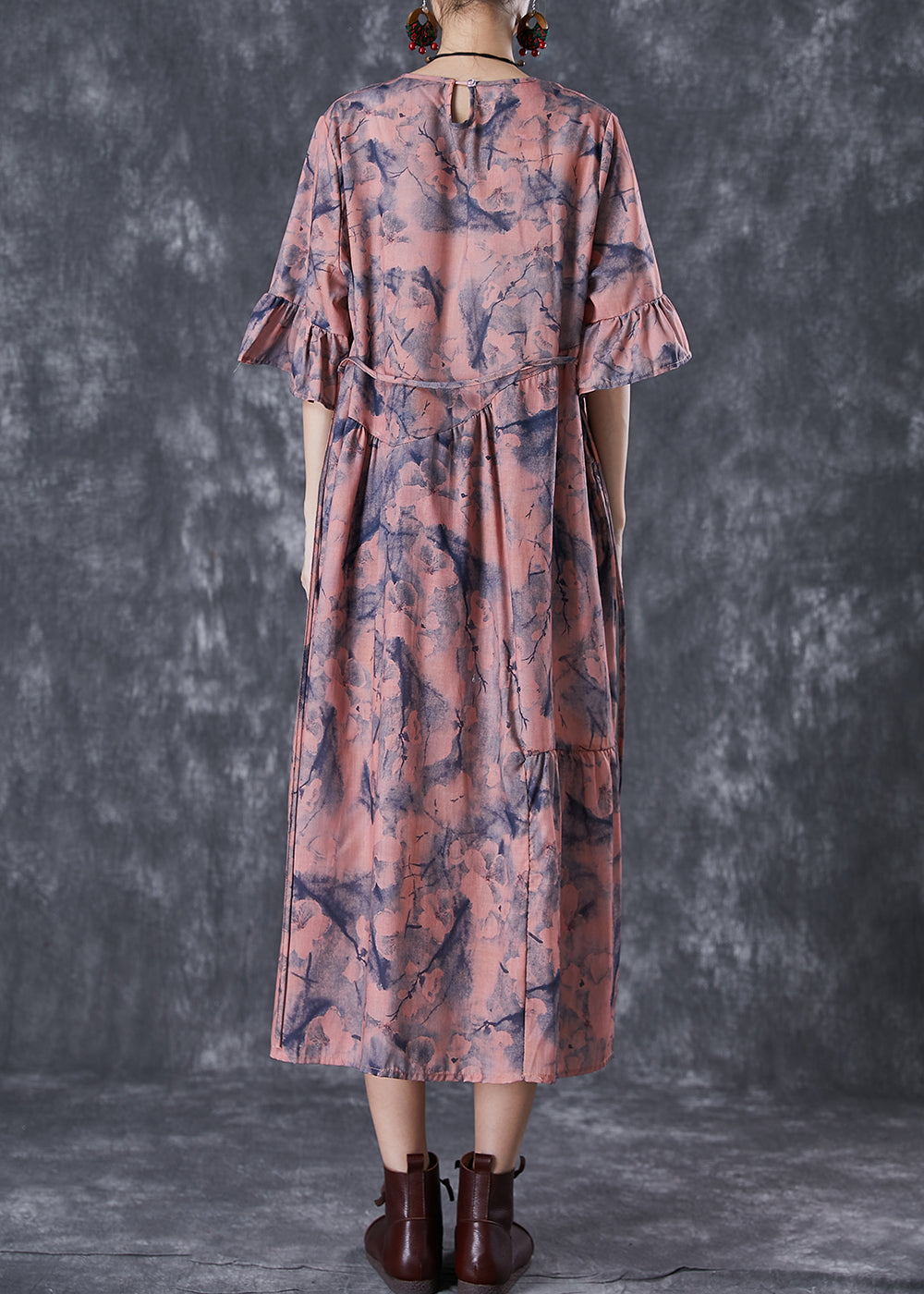 Pink Tie Dye Cotton Holiday Dress Wrinkled Butterfly Sleeve LY7104 - fabuloryshop