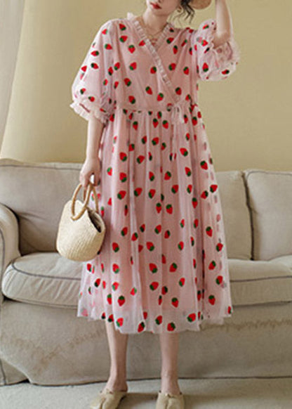 Pink V Neck Print Tulle Long Dress Short Sleeve LY4507 - fabuloryshop