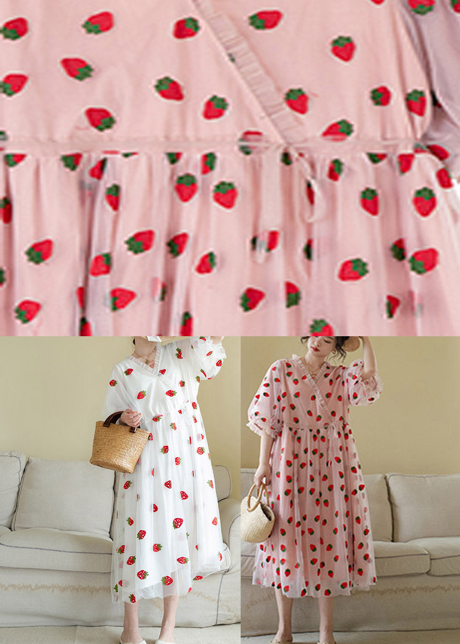 Pink V Neck Print Tulle Long Dress Short Sleeve LY4507 - fabuloryshop