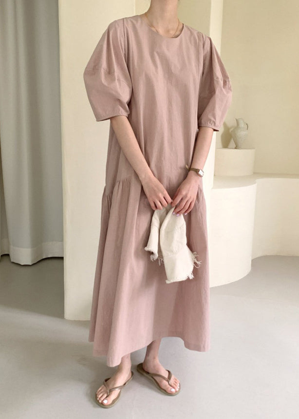 Pink Wrinkled Cozy Long Dresses Short  Sleeve LY2611 - fabuloryshop
