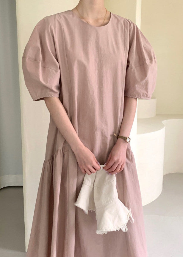 Pink Wrinkled Cozy Long Dresses Short  Sleeve LY2611 - fabuloryshop