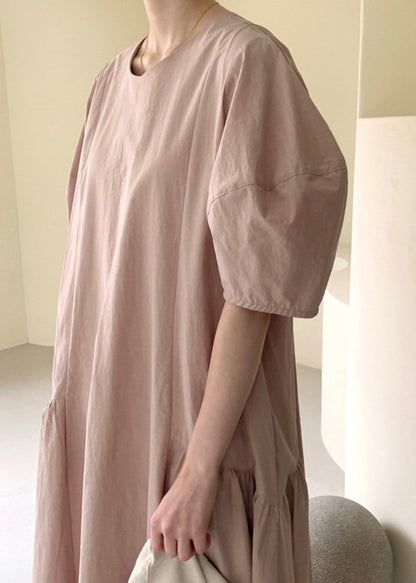 Pink Wrinkled Cozy Long Dresses Short  Sleeve LY2611 - fabuloryshop