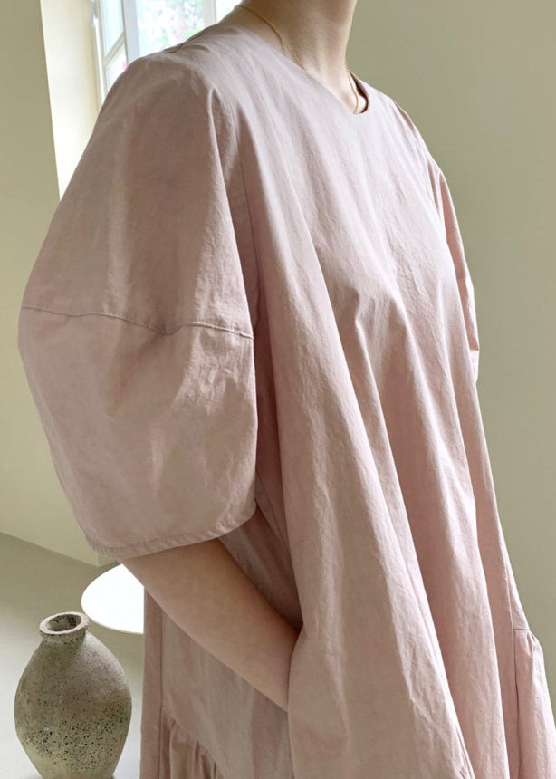Pink Wrinkled Cozy Long Dresses Short  Sleeve LY2611 - fabuloryshop