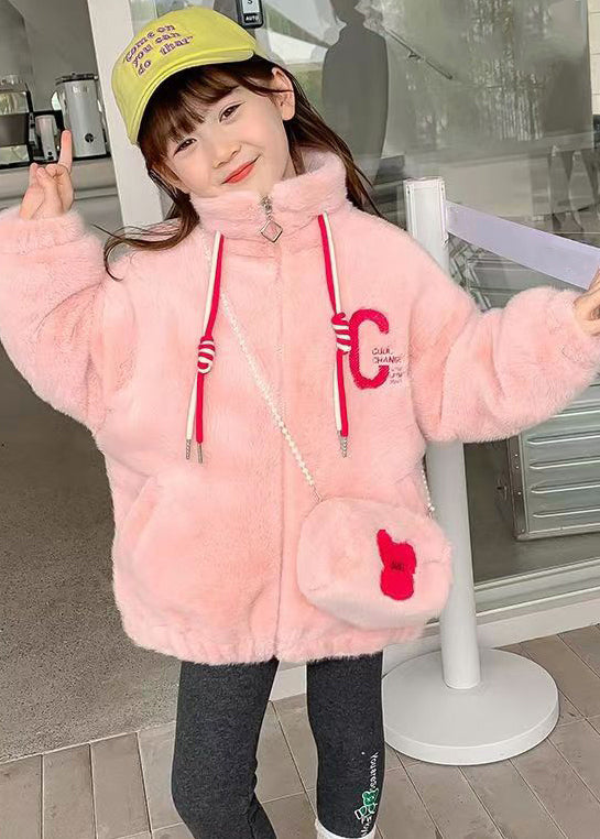 Pink Zip Up Pockets Patchwork Warm Fleece Girls Coats Stand Collar Long Sleeve Ada Fashion