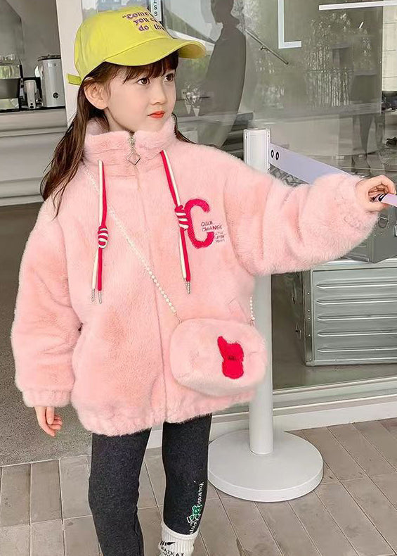 Pink Zip Up Pockets Patchwork Warm Fleece Girls Coats Stand Collar Long Sleeve Ada Fashion